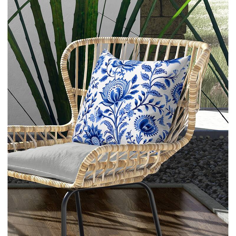 Sanganeri Block Print Indoor/Outdoor Reversible Throw Pillow Blue and White