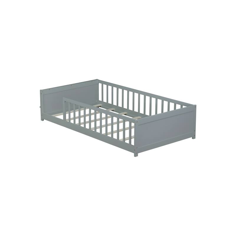 Grey Twin Floor Platform Bed with Built-in Book Rack and Safety Fence