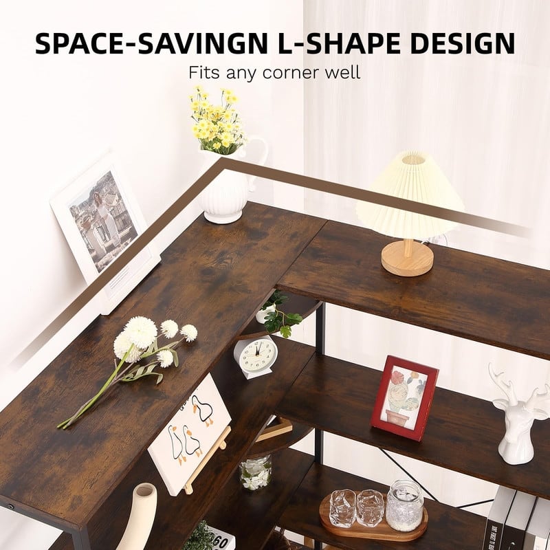 4-Tier L Shaped Industrial Bookshelf Corner Bookcase with Open Shelves and Curved Panels