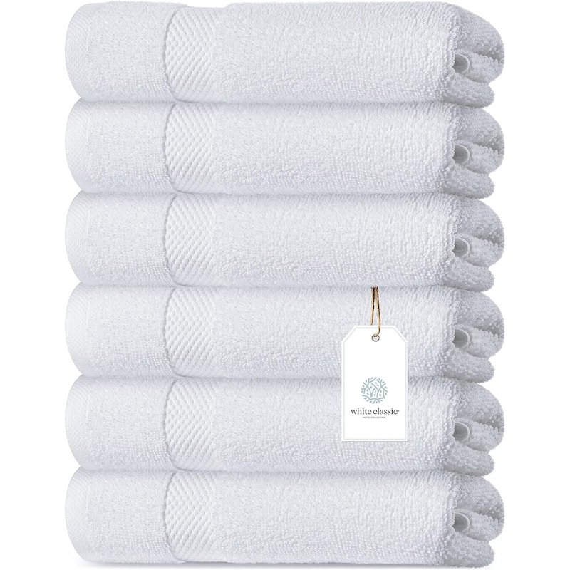 White Classic Luxury Cotton Hand Towel 16x30 - Set of 6 - White