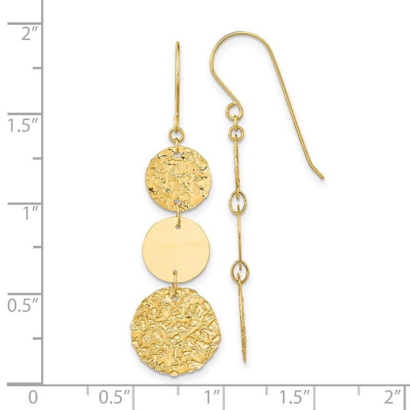 Curata 14k Yellow Gold Textured 3 Tier Circle Drop Dangle Earring - 44x12mm