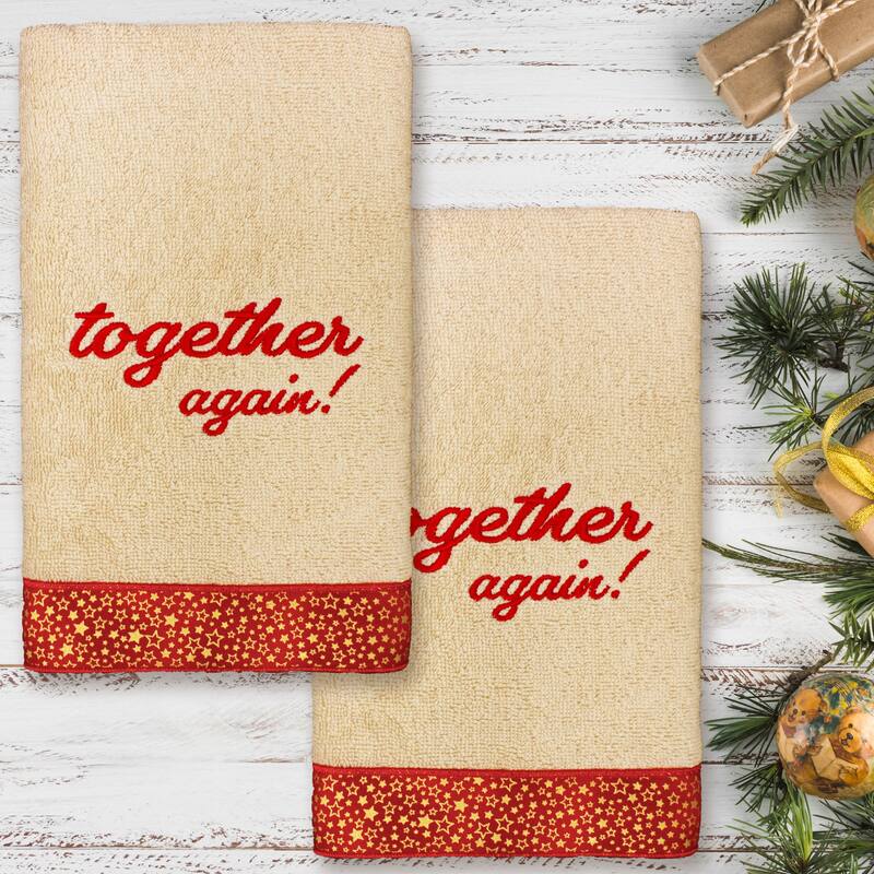 Authentic Hotel and Spa Christmas Together Again - Embroidered Luxury 100% Turkish Cotton Hand Towels (Set of 2)
