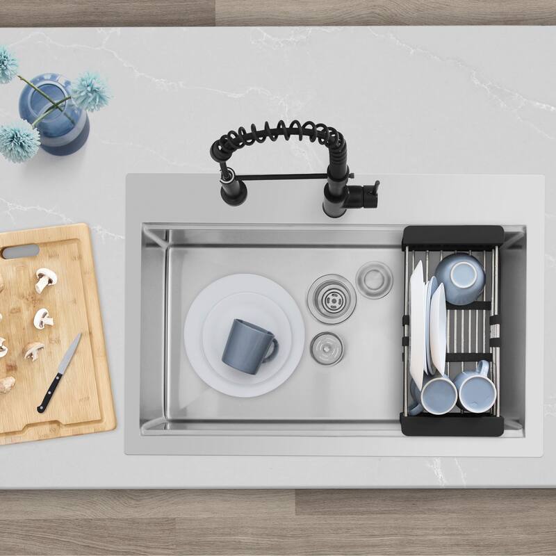 AZUNI 31.25 inch Top Mount Single Bowl Stainless Steel Ledge Workstation Kitchen Sink with Accessories C430L Handmade