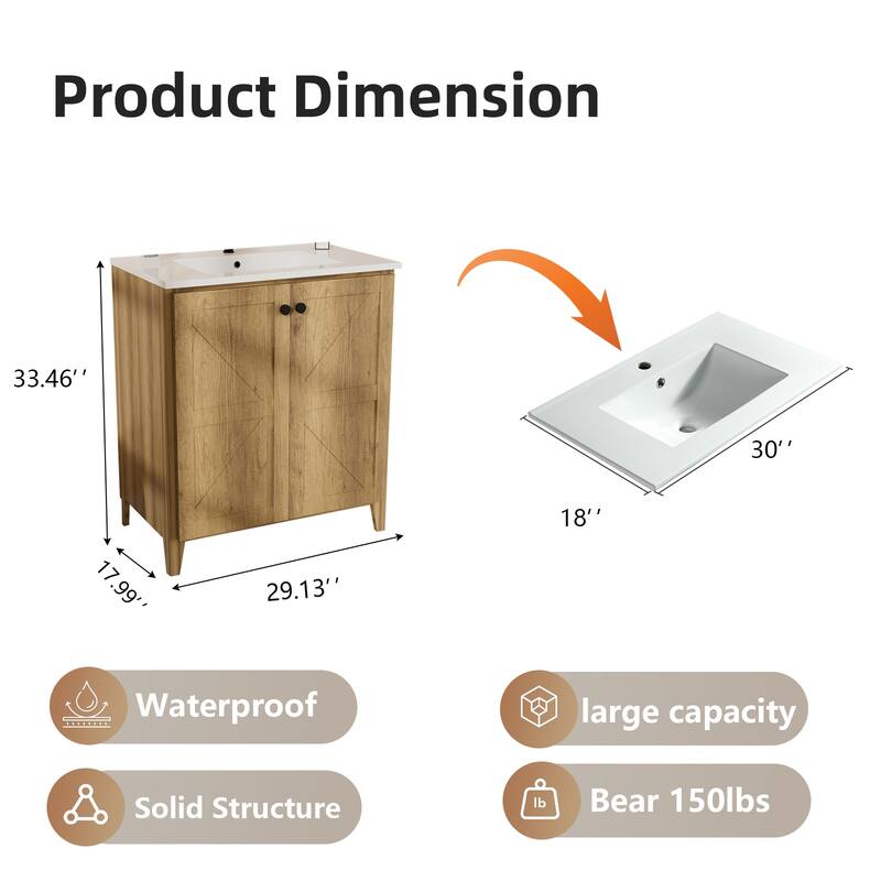 30inch Folding Floor Cabinet With Ceramic Sink- Patented 1-Minute Install, Space-Saving & Easy Assemble