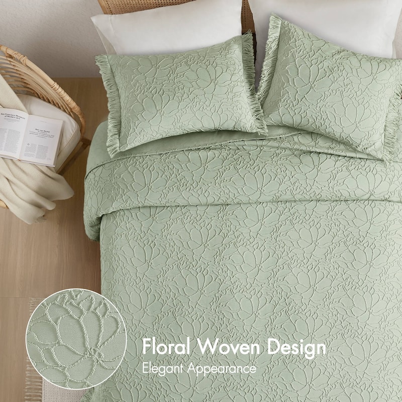 Queen 3-Piece Bedspread Set Poly-Cotton Floral Chenille with Fringe
