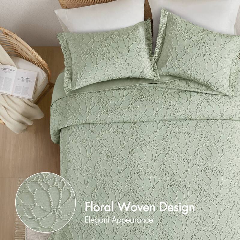 Sage King 3-Piece Bedspread Set Oversized Chenille Floral with Fringe Border