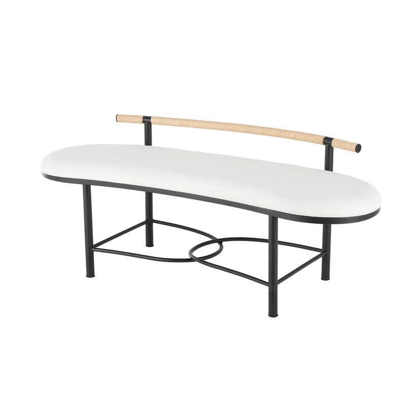 White Metal Upholstered Oval Abstract Bench with Black Metal Frame and Rope Rod Backrest