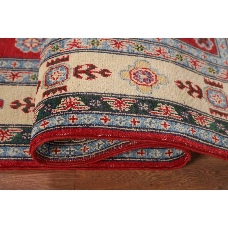 Red Geometric Kazak Oriental Area Rug Dining Room Handmade Wool Carpet - 5'6" x 7'10"