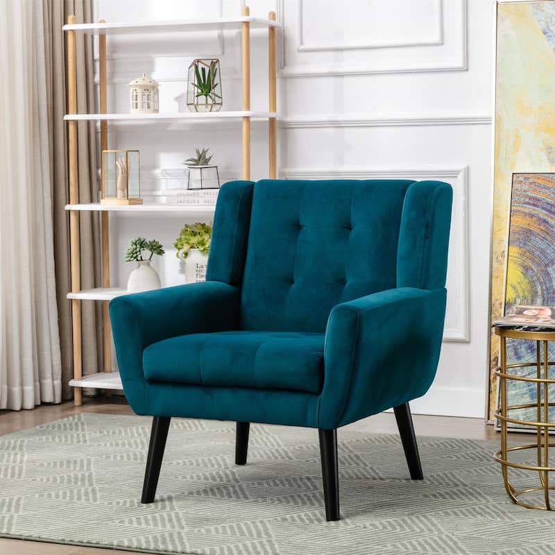 Teal Velvet Modern 29.53" Upholstered Buttons Tufted Accent Chair with Black Solid Wood Legs