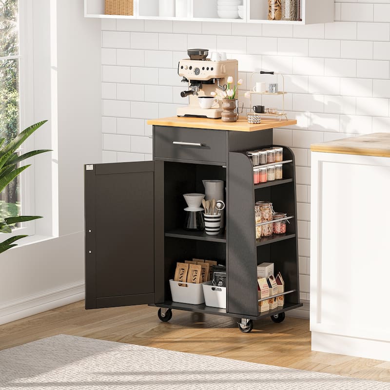 Rolling Kitchen Island with Storage Cabinet & Spice Rack & Drawer – Rubber Wood Top - Black