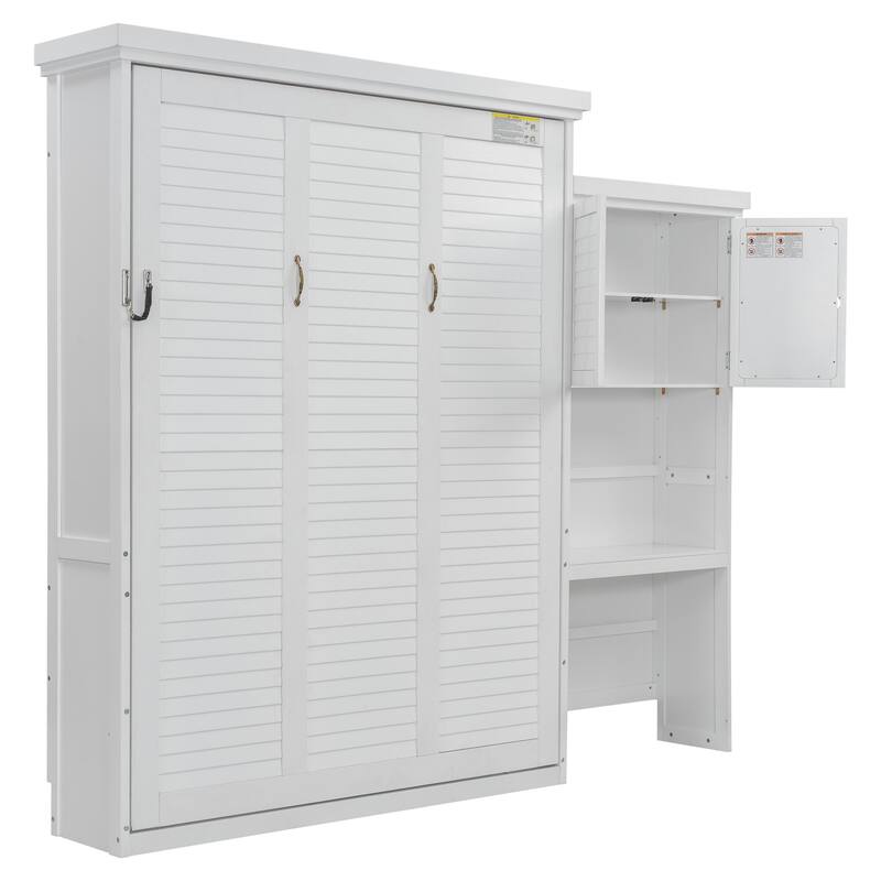 Queen Size Murphy Bed with Storage Shelves and Louvered Design, White