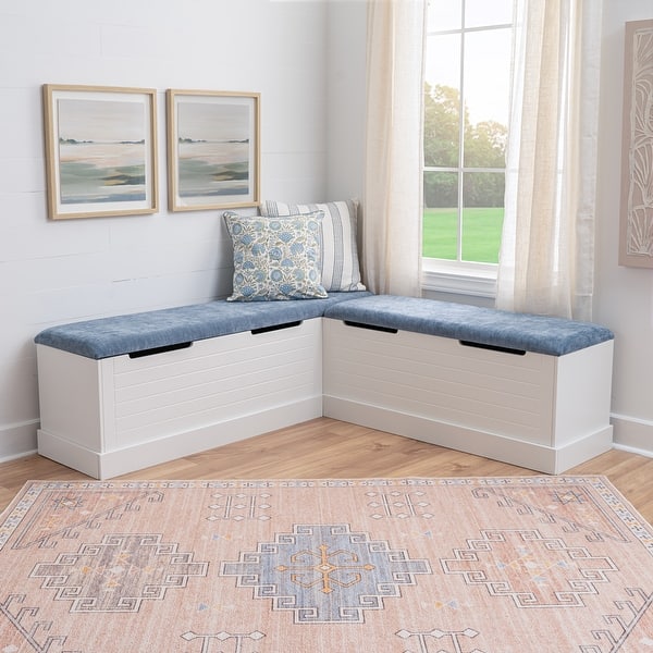 slide 2 of 8, Linon Nova L-Shaped Corner Nook with Blue Cushion and Storage