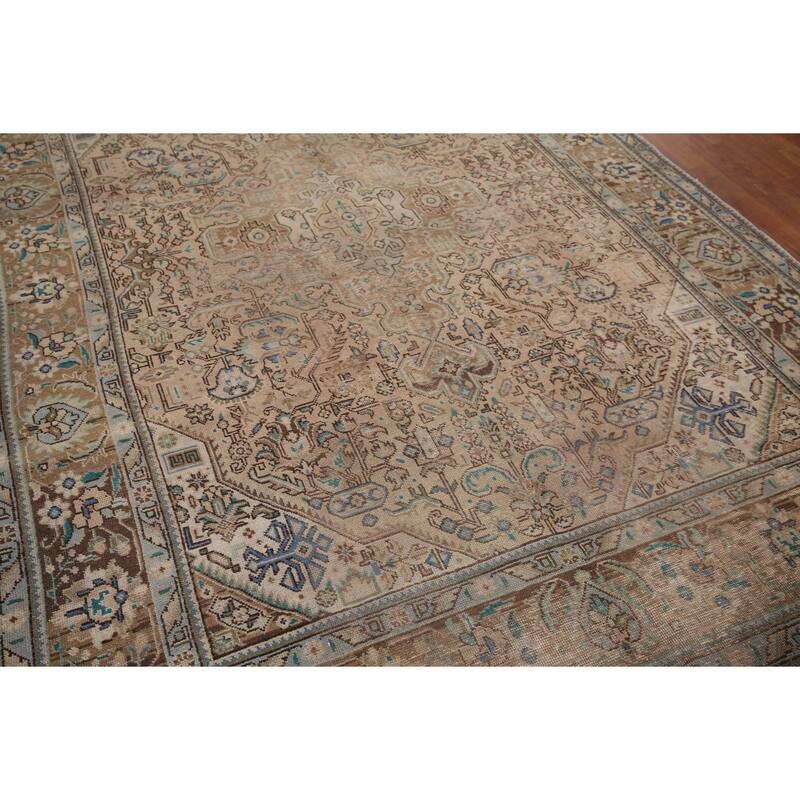 Distressed Tabriz Vintage Persian Rug Hand-Knotted Peach Wool Carpet - 6'7" x 9'8"