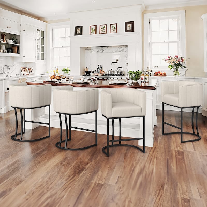 LUE BONA Modern 26.in Low Back Counter Height Barstool Barrel Set of 4 Bar Stools with Metal Frame - Linen&Black/Fabric