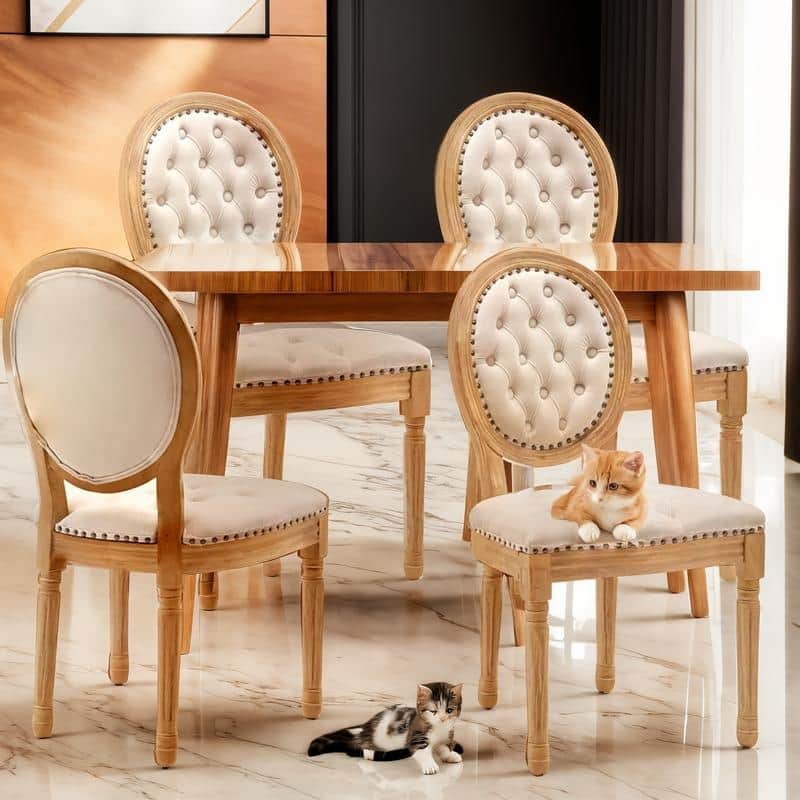 French Style Solid Wood Dining Chair with Nailhead Set of 4 - Beige