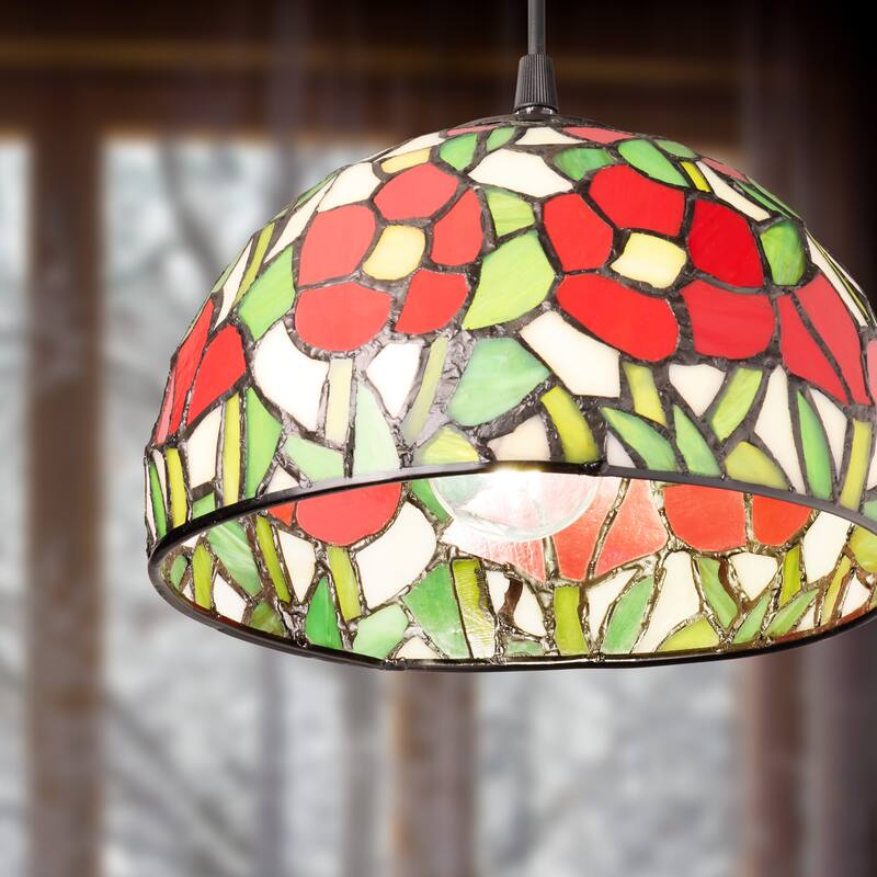 Flores River of Goods Black Metal and Stained Glass 9.5-Inch Pendant Light with Adjustable Hanging Cord - 9.5" x 9.5" x 72.5"