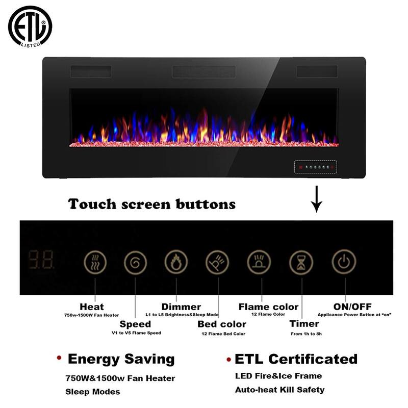 30"-60" Recessed and Wall Mounted Electric Fireplace,750-1500W
