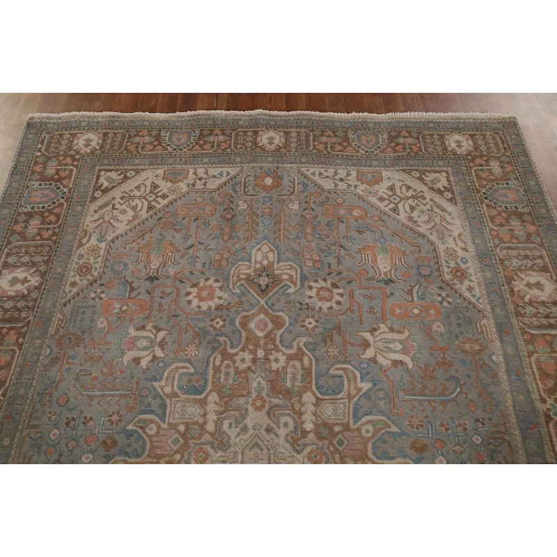 Gray Geometric Tabriz Persian Vintage Rug Hand-Knotted Wool Carpet - 6'5" x 9'5"