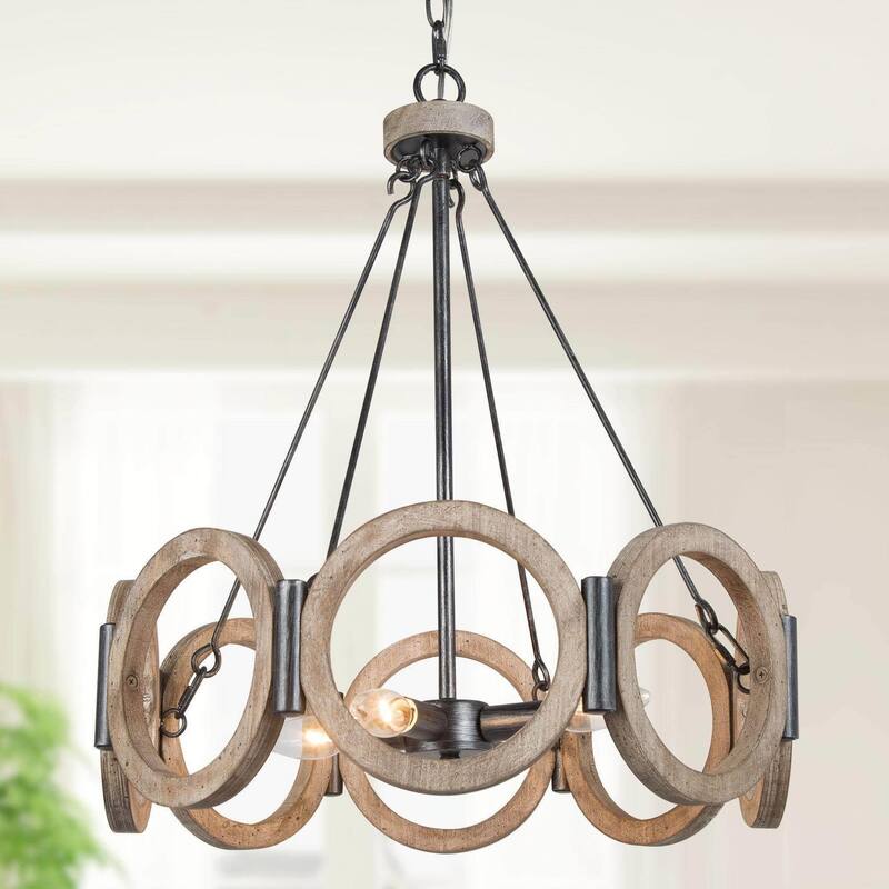 Farmhouse Wood 4-Light Drum Chandelier Wheel Lights for Dining Room - D 19.5" x H 22.5"