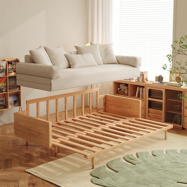 JASIWAY Modern Retractable Solid Wood Sleeper Sofa Bed Beige