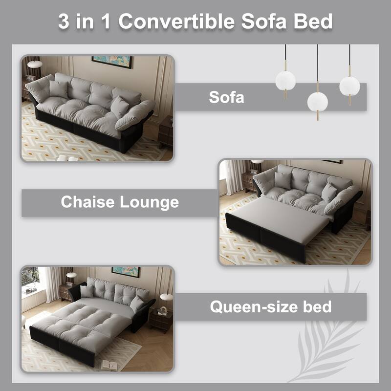 74.8" Queen Pull Out Sofa Bed, 3-in-1 Convertible Sleeper Tufted Sofa with 2 Soft Pillows,Multi-Functional Velvet Loveseat Bed
