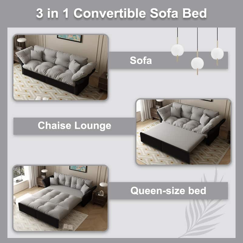 74.8" Velvet 3-in-1 Convertible Queen Sleeper Sofa with Pull-Out Bed and 2 Pillows, Multi-Functional Loveseat