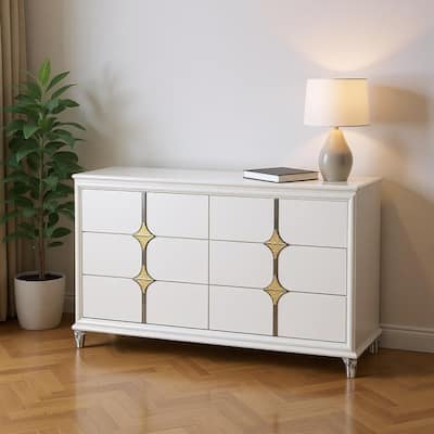 HomeRoots 63" White Wood With Gold Faux Crystal Bling Wood Six Drawer Double Dresser