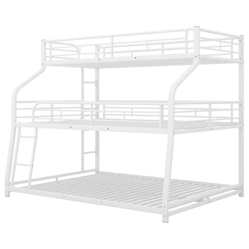 Twin XL Over Full XL Over Queen Triple Bunk Bed 3-tier Metal Bedframe with Long and Short Ladder and Full-Length Guardrails