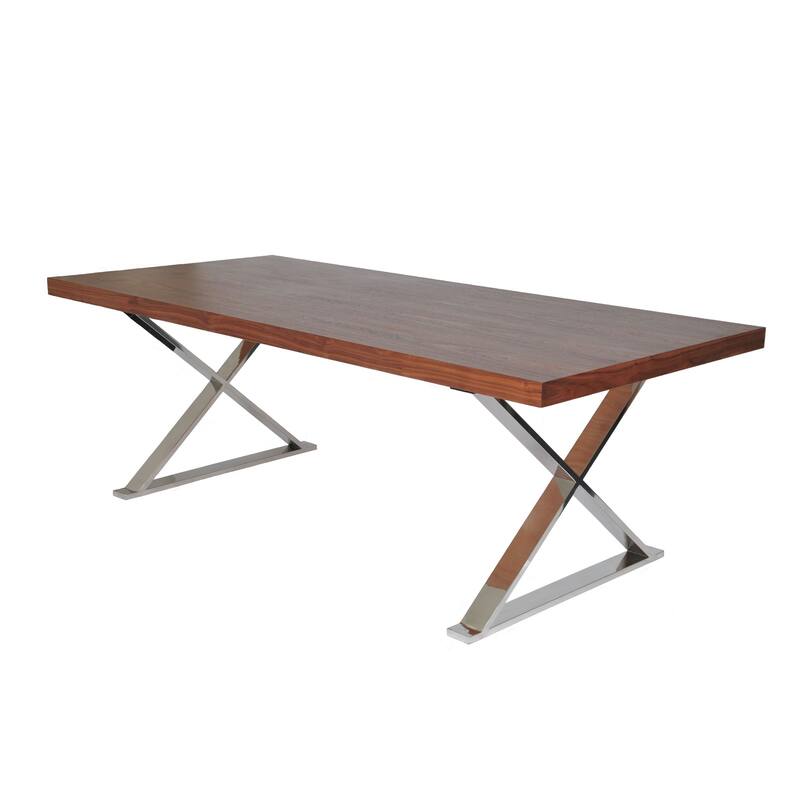 Rix 87 Inch Dining Table, X Chrome Legs, Walnut Brown Rectangular Wood Top