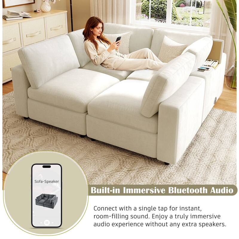 Modular Upholstered Sectional Sofa with Storage Space, USB Charge Ports, Wireless Charging and Built-in Bluetooth Speaker in Arm