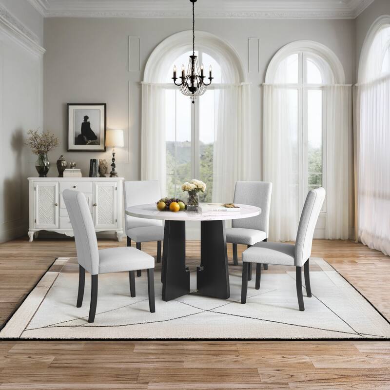 5-Piece, Modern Round Dining Table set with Dining Table and 4 Upholstered Chairs, for Dining Room, Kitchen Room, Living Room