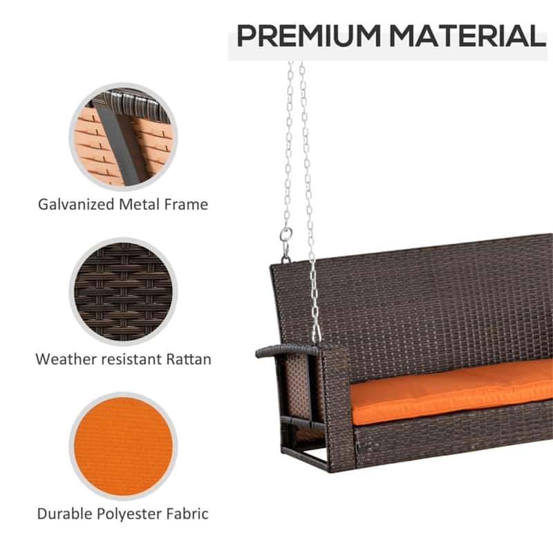Outdoor PE Rattan Porch Swing Bench with Cushion and Chains for 2 Person Hanging Patio Seat - 50" L x 25.5" W x 23.5" H