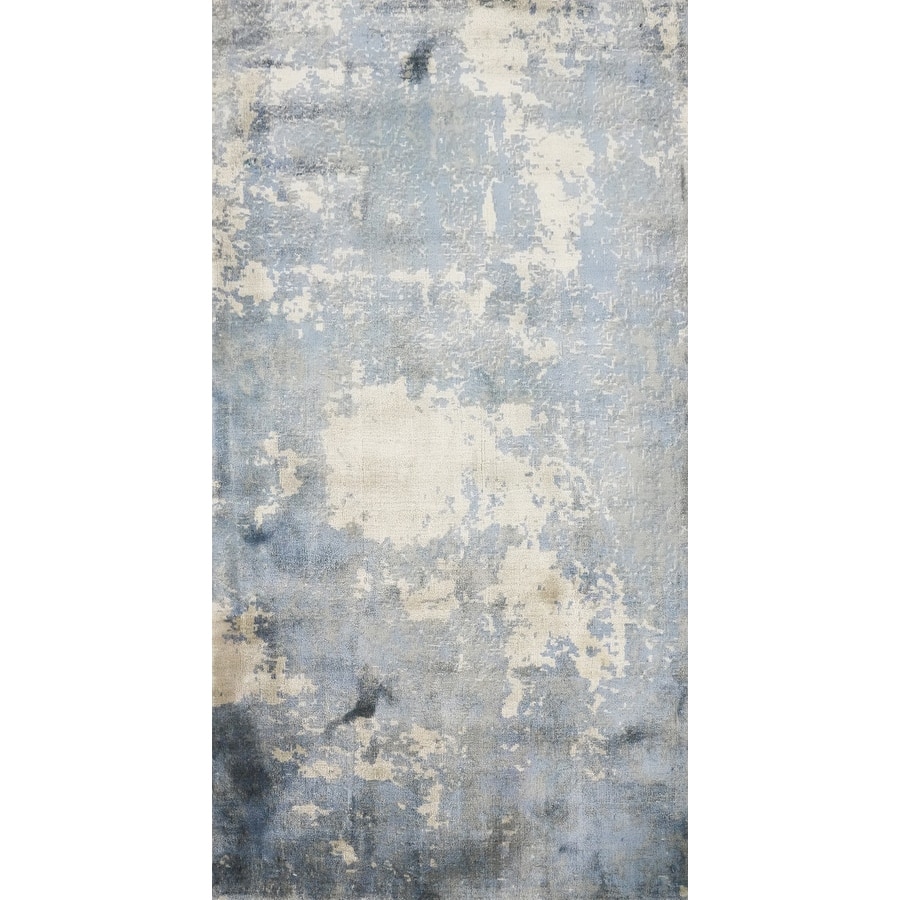 Hand Knotted Oriental Viscose Silk Carpet Modern All-Over Navy Blue & Blues Abstract Area Rug - 4' 7'' X 2' 7''