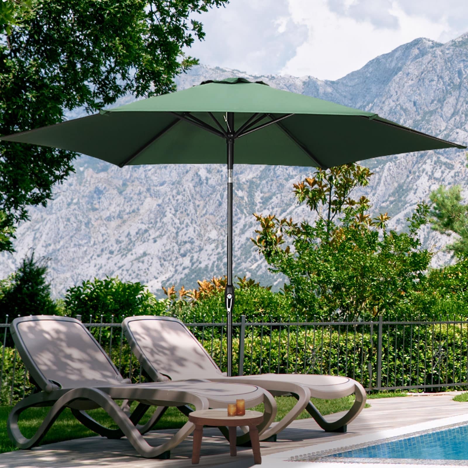 9ft. patio umbrella 9ft Market Umbrella, Scallop Trim, UV-Fade-Resistant, Crank & Ti Solid 6 9Ft Patio Umbrella, Outdoor Table