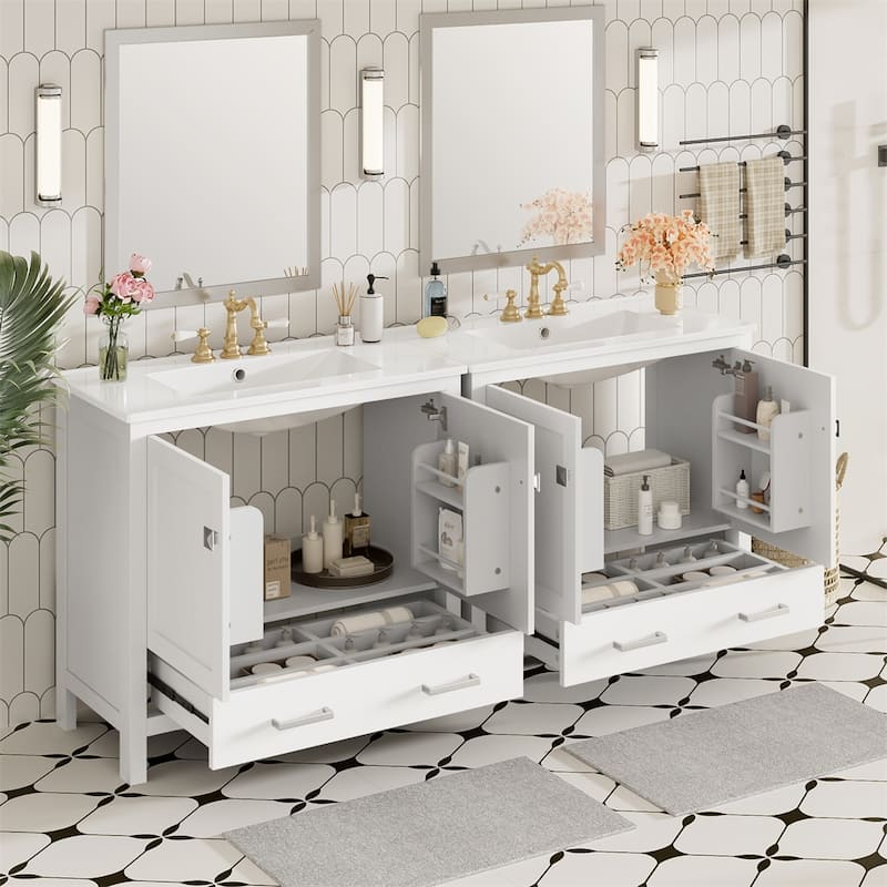 72" Bathroom Vanity with Ceramic Sink,Soft-Close Doors,Divided Drawer - White