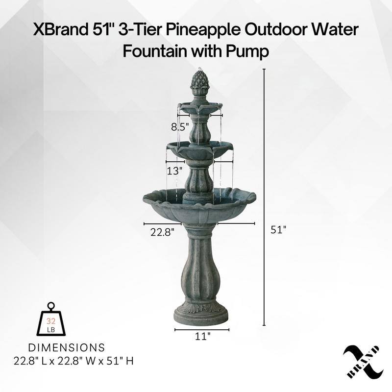 XBrand 3-Tier Water Fountain w/Pump & Pineapple Top, 51 Inch Tall, Large Outdoor Freestanding Waterfall Decor for Porch