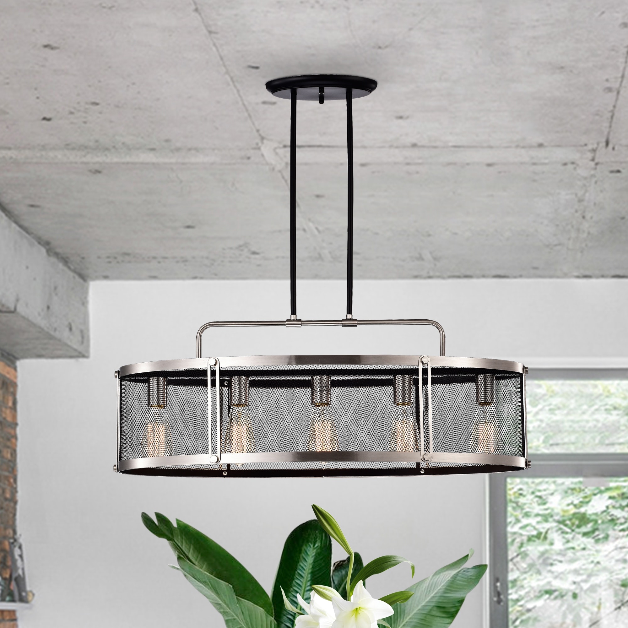 5 Light Brushed Nickel and Black Oval Kitchen Island Chandelier