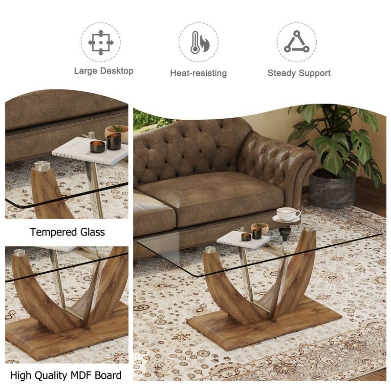43.3" Length Transparent Tempered Glass Coffee Table with Wooden Legs