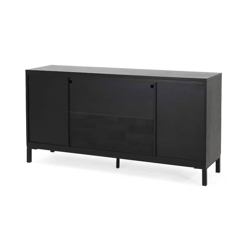 Roomfitters Modern Geometric Accent Cabinet with Sliding Doors, Vertical Striped Design, Ample Storage, Black