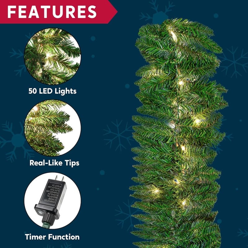 9 ft. Tall Green Plastic Prelit Artificial Christmas Garland with 50 LED Lights