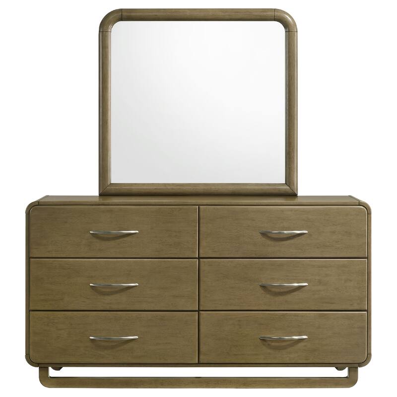 Deon Wide Dresser with Mirror, 6 Drawers, Brown Wood, Matte Nickel