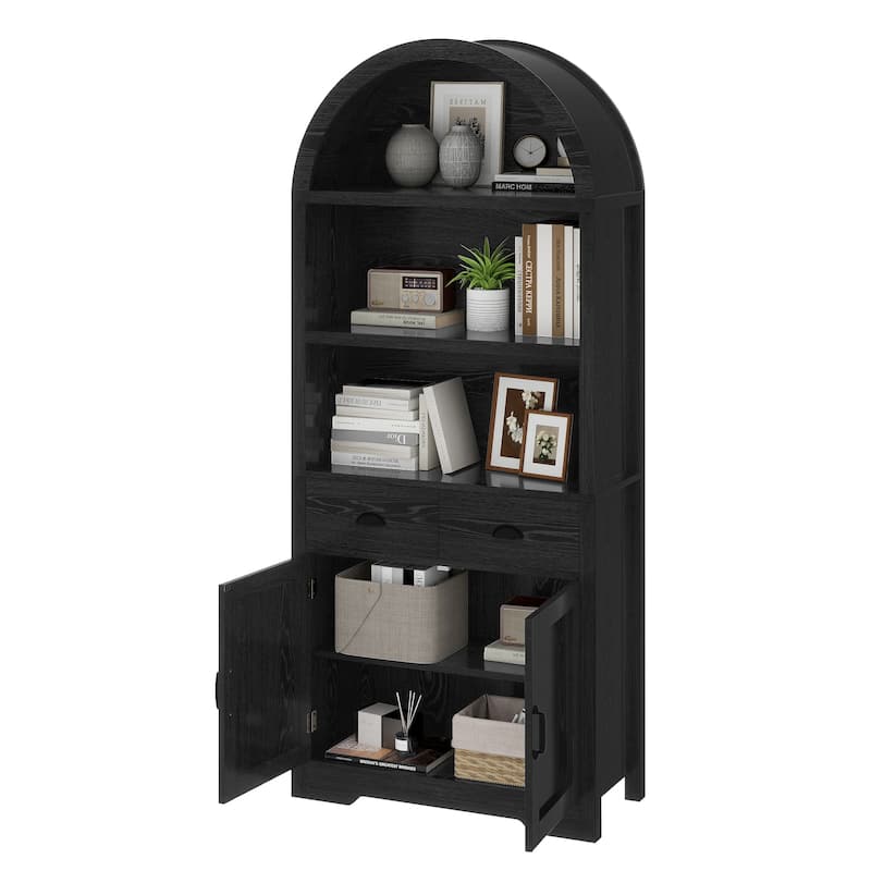 Moasis 71"/68" Tall Arched Bookshelf with Storage, Arched Bookcase with 2 Drawers and Doors - Black-71"