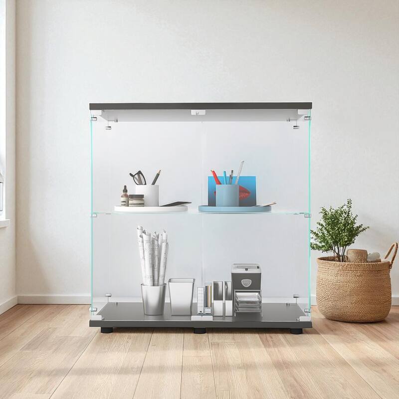 2-Tier Glass Display Cabinet with Double Doors and Lock, Tempered Glass Showcase with MDF Base