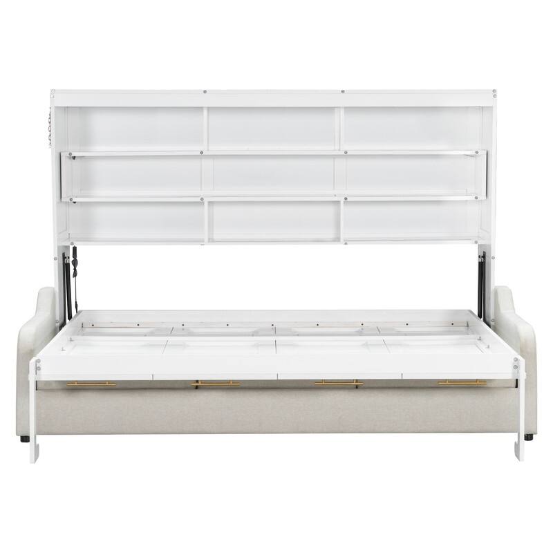 Full/Queen Size Murphy Cabinet Bed with Folding Sofa, Storage Bed Frame with Built-in Bookshelf and LED Light