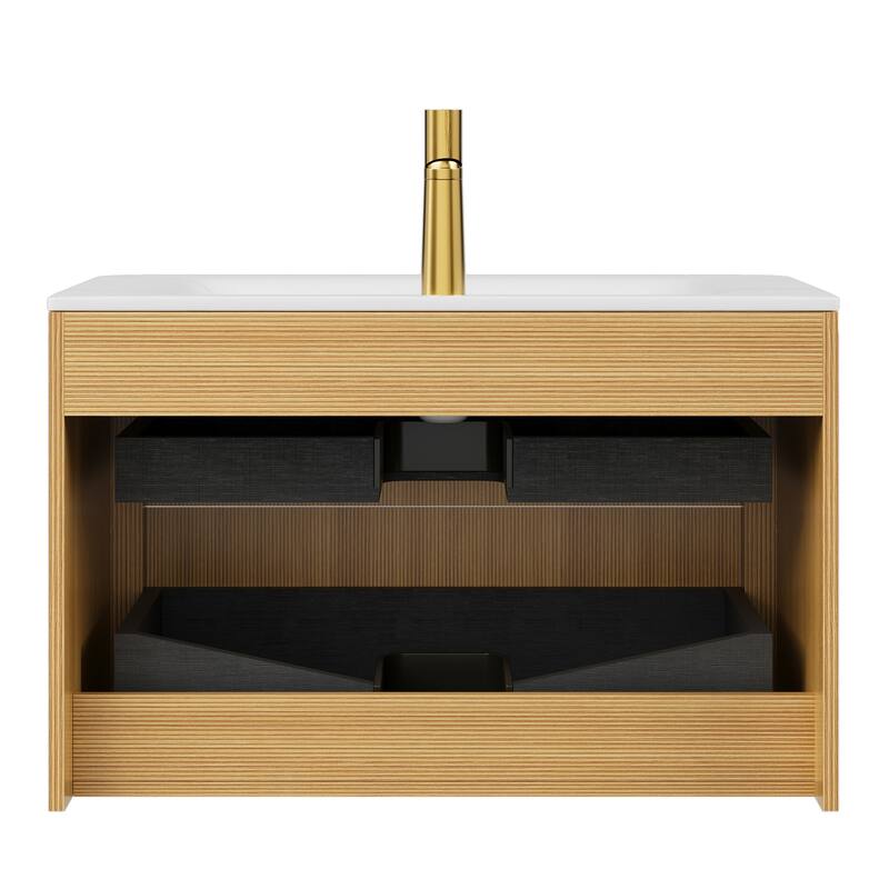 30"Floating Bathroom Vanity with Ultra-Pinstriped Plywood Storage, Drawers, and Carrara White Sintered Stone Integrated Basin‌.