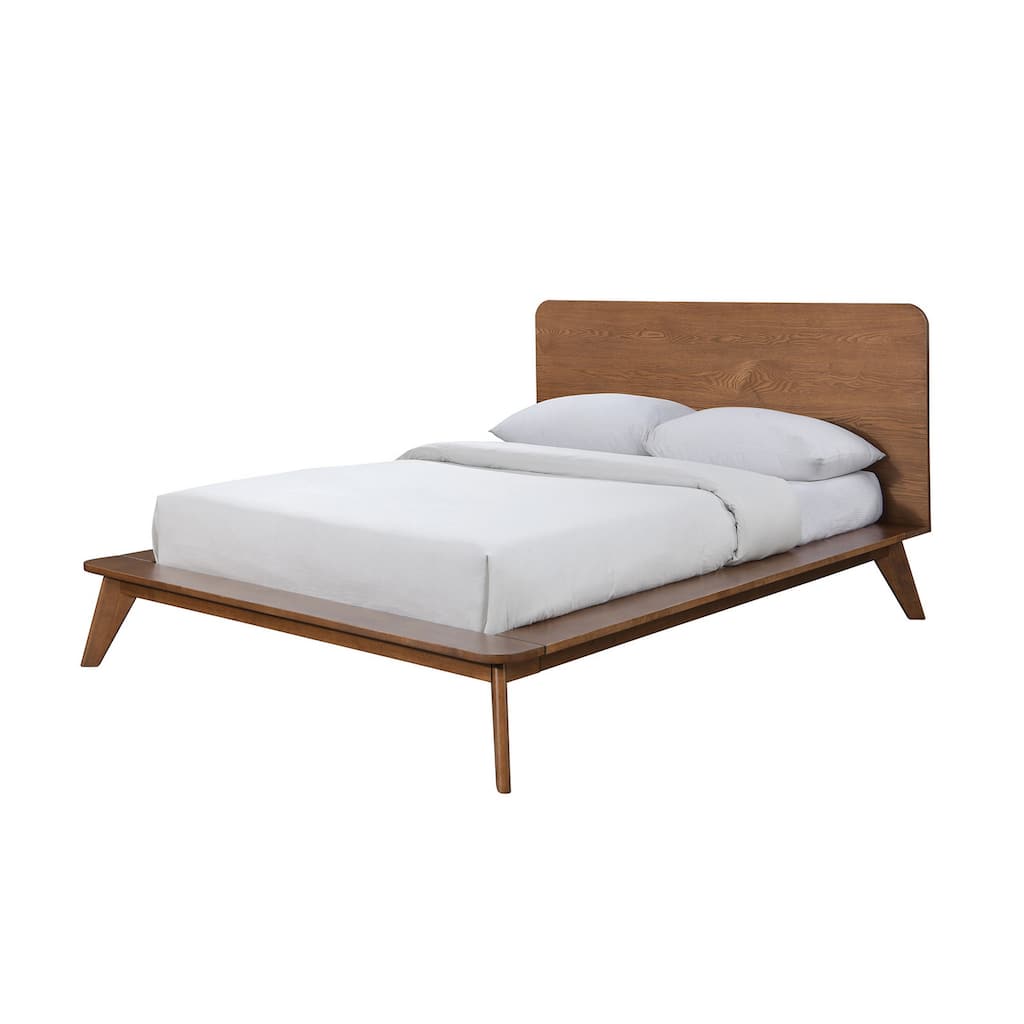 Stacy Queen Size Platform Bed, Panel Headboard, Walnut Brown Solid Wood