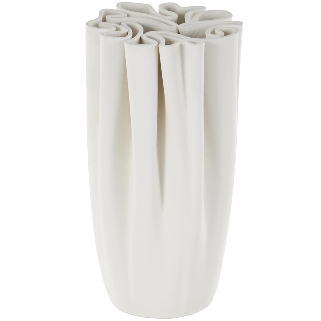 Ceramic Abstract Ribbed Dimensional Folded Decorative Vase with Compact Wavy Rim - White - Roche River Decor