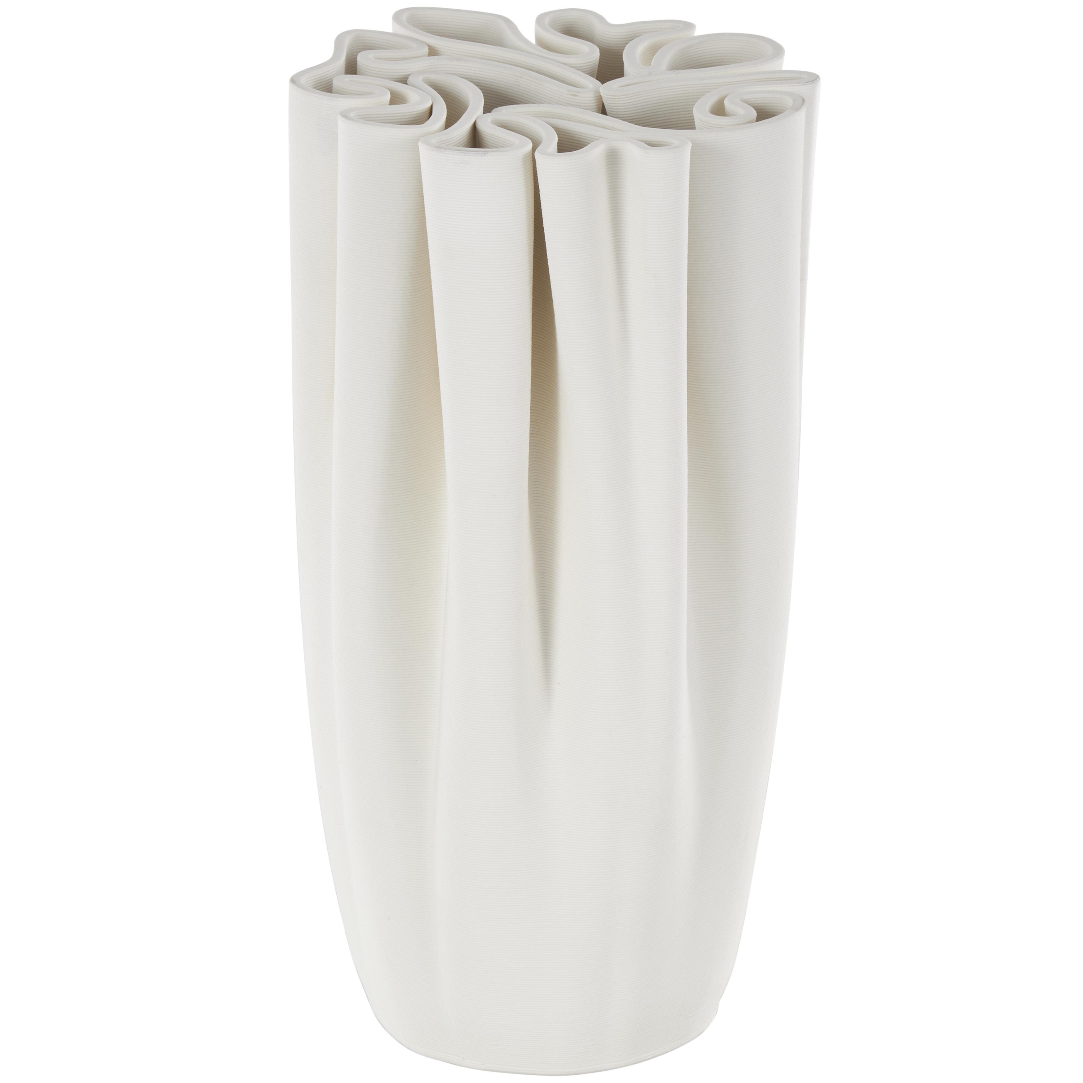 Ceramic Abstract Ribbed Dimensional Folded Decorative Vase with Compact Wavy Rim - White - Roche River Decor