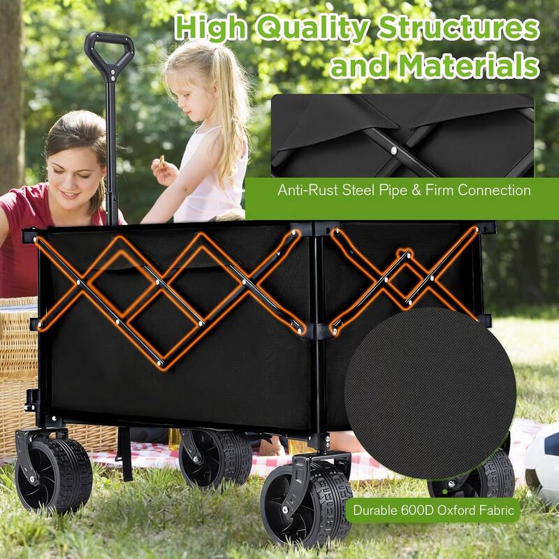 EROMMY Heavy Duty Folding Wagon Cart - All Terrain Collapsible Utility Wagon with Big Wheels, Brakes & Cup Holders for Camping