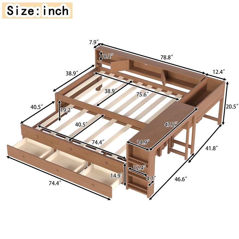 Full/Twin Daybed with Trundle & Storage Drawers - Wood Frame with Side Shelves and Desk